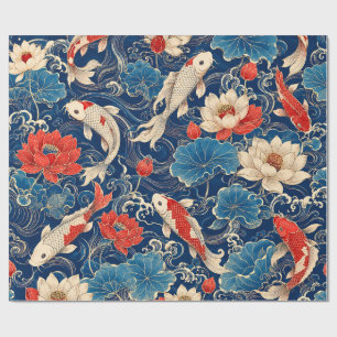 Papel De Presente Peixe Koi Japonês & Padrão Sem Costura de Lótus