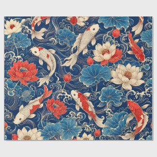 Papel De Presente Peixe Koi Japonês & Padrão Sem Costura de Lótus | 
