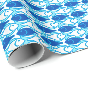 Papel De Presente Peixe Moderno de Meados do Século, azul cobalto
