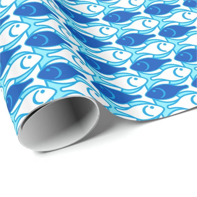 Papel De Presente Peixe Moderno de Meados do Século, azul cobalto (Ponta do rolo)