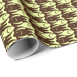 Papel De Presente Peixe Moderno de Meados do Século, marrom e amarel