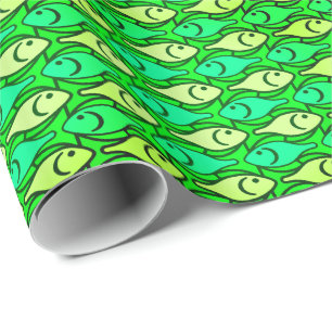 Papel De Presente Peixe moderno de meados do século, tons de verde l