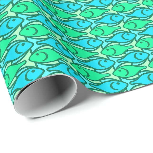 Papel De Presente Peixe Moderno de Meados do Século, verde jade (Ponta do rolo)