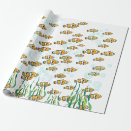 Papel De Presente Peixe-Palha Divertido Laranja Branco Azul Bolhas