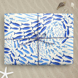 Papel De Presente Peixes Azuis Nadando no Oceano - Claro