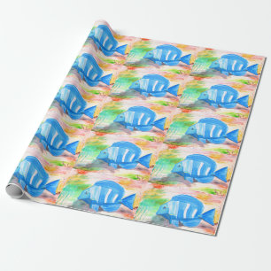 Papel De Presente Peixes azuis tropicais Aquarela Oceano oceânico