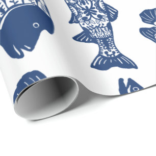 Papel De Presente Peixes modelados florais dos azuis marinhos