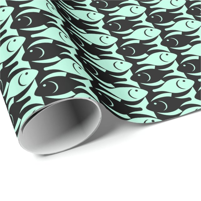 Papel De Presente Peixes modernos do século médio, aqua e preto (Ponta do rolo)