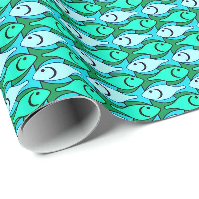 Papel De Presente Peixes modernos do século médio, verde-jade e aqua (Ponta do rolo)
