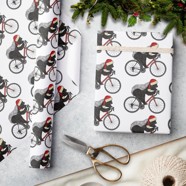 Papel De Presente Pena de mel de Natal numa bicicleta (Christmas honey badger cycling on a bicycle holiday wrapping paper)