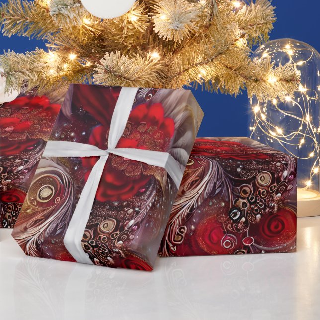 Papel De Presente Penas de Ouro Floral Vermelho Elegante (Feriados)