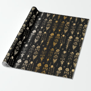 Papel De Presente Penas de ouro texturizadas em estilo tribal. Sem c