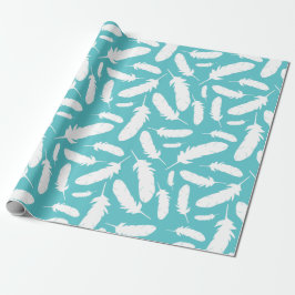 Papel De Presente Penas de Pé Branco Padrão Teal
