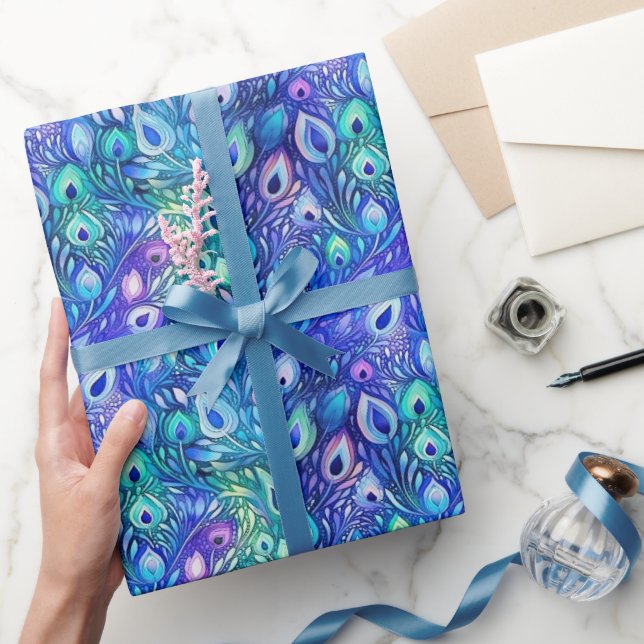 Papel De Presente Penas De Peacock De Casa Azul Púrpura (Presentear)