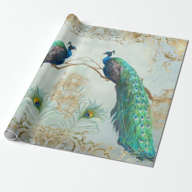 Papel De Presente Penas de Peacock Elegantes Par Azul Dourada Decoup (Desenrolado)