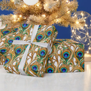 Papel De Presente Penas de peacock, ouro de luxo iridescente, sem co