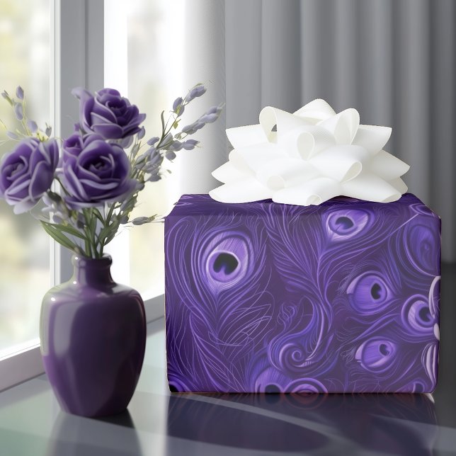 Papel De Presente Penas de Peacock Roxas Vibrantes (Criador carregado)
