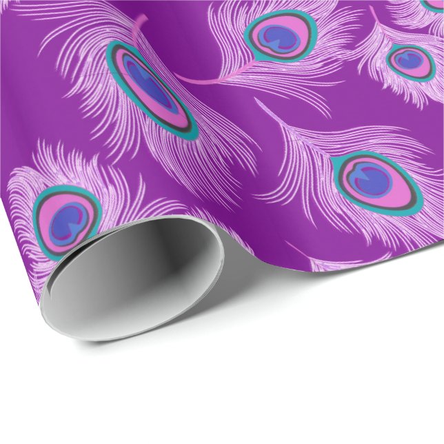 Papel De Presente Penas do pavão da orquídea no roxo Amethyst (Ponta do rolo)