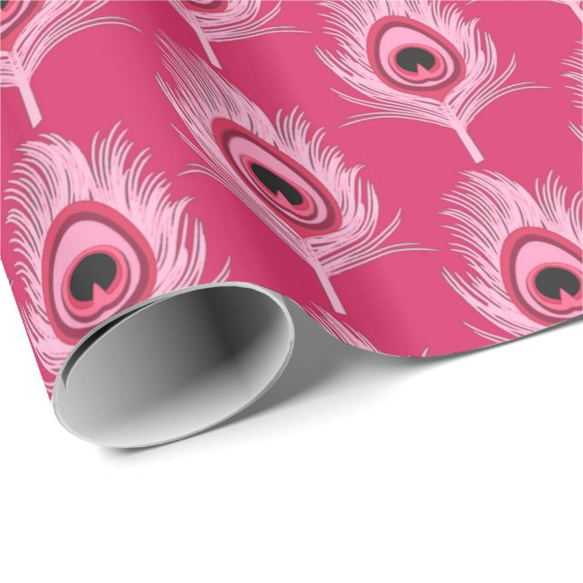 Papel De Presente Penas do pavão, rosa Pastel no rosa fúcsia (Ponta do rolo)