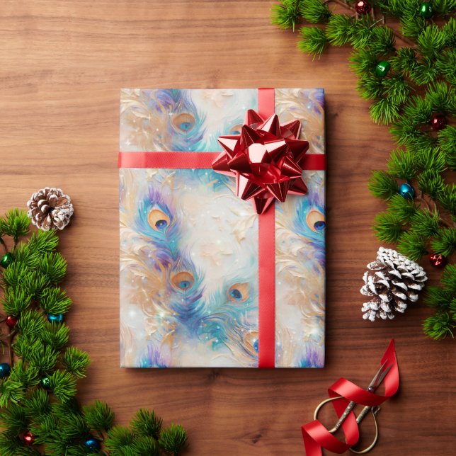 Papel De Presente Penas Douradas de Peacock Branco Aqua (Presente de Natal)
