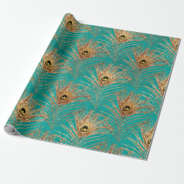 Papel De Presente Penas Douradas de Peacock em Aqua