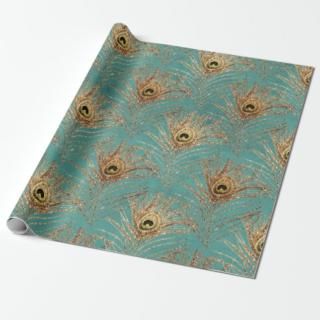 Papel De Presente Penas Douradas de Peacock em Aqua (Desenrolado)