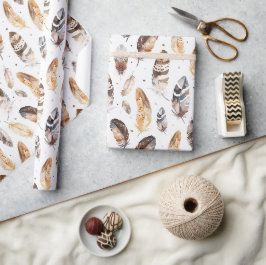 Papel De Presente Penas Nativas Tribais de Creme Castanho