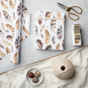 Papel De Presente Penas Nativas Tribais de Creme Castanho