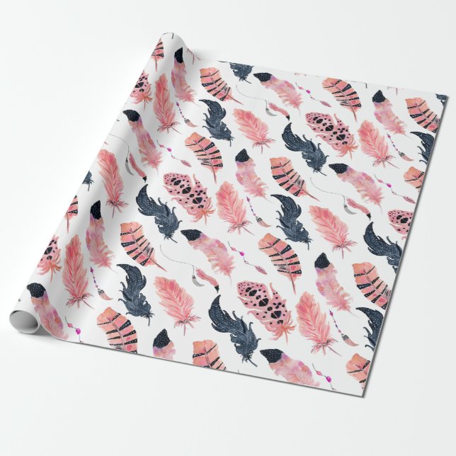 Papel De Presente Penas Rosa Boho (Desenrolado)