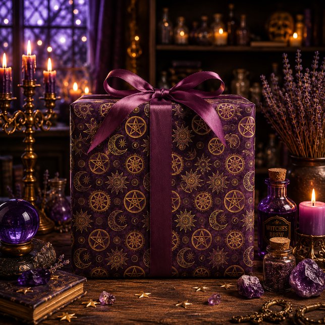 Papel De Presente Pentáculo Dourado Místico Sol Lua Plumagem Profund (Criador carregado)