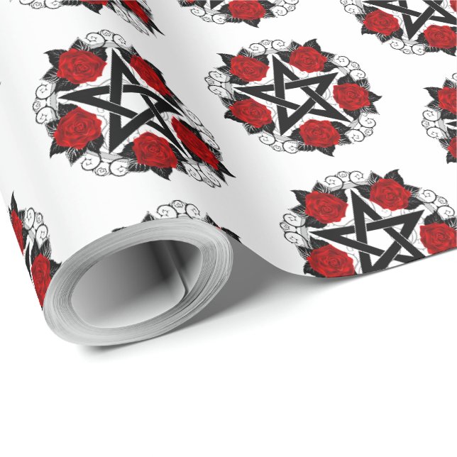 Papel De Presente Pentagrama com Rosas vermelhas (Ponta do rolo)
