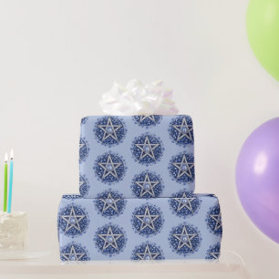 Papel De Presente Pentedagrama Floral Azul Bruxa Azul Halloween
