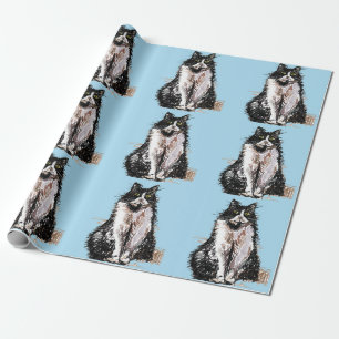 Papel De Presente Pentes Azuis de Gato Preto e Branco Tuxedo