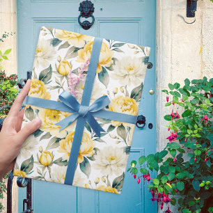 Papel De Presente Peônia Amarela e Crisântemo Floral Aquarela