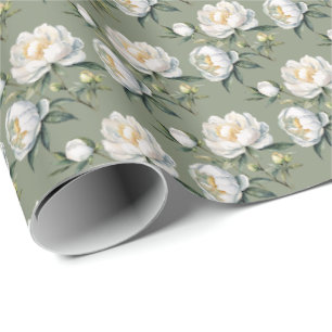 Papel De Presente Peônia Botânica Clássica Verde Sage Repetição Sem