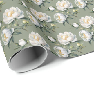 Papel De Presente Peônia Botânica Clássica Verde Sage Repetição Sem