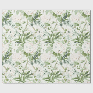 Papel De Presente Peônia Floral Branca, Salvia e Musgo Verde