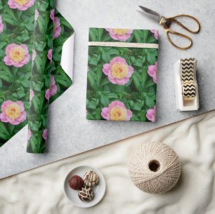 Papel De Presente Peônia Rosa Glossy com Arte de Folhas Verdes
