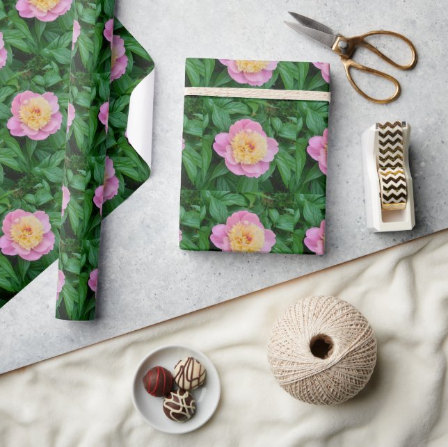 Papel De Presente Peônia Rosa Glossy com Arte de Folhas Verdes  (Artesanato)