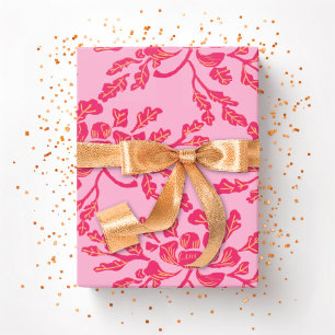Papel De Presente Peônia Sinuosa Xilogravura em Rosa e Laranja