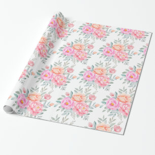 Papel De Presente Peonias Aquáticas Rosas Pêssego Rosa Boho Floral
