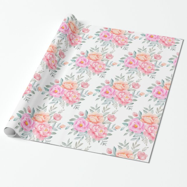 Papel De Presente Peonias Aquáticas Rosas Pêssego Rosa Boho Floral (Desenrolado)