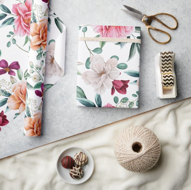 Papel De Presente Pêonias Brancas de Aquarelas Rosa (Artesanato)