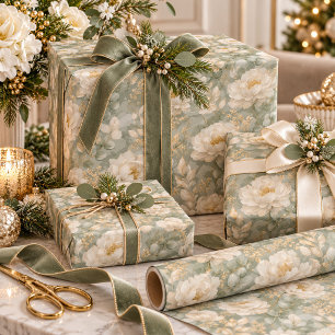Papel De Presente Peônias Brancas Floral Salvia Verde Ouro Elegante
