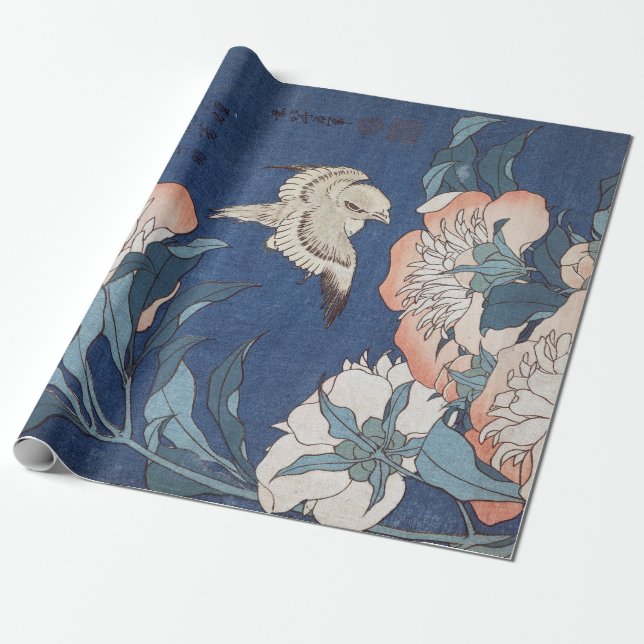Papel De Presente Peônias e canário de Katsushika Hokusai (Desenrolado)