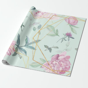 Papel De Presente Peônias Pastéis Casamento Floral Geométrico