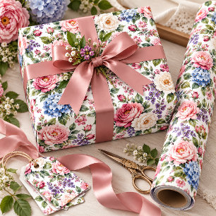 Papel De Presente Peônias Rosa e Marfim, Hidrangeas Azuis Floral