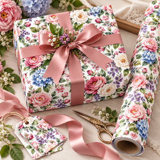 Papel De Presente Peônias Rosa e Marfim, Hidrangeas Azuis Floral