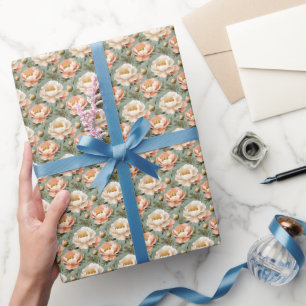 Papel De Presente Peônias Rosa e Marfim no Verde