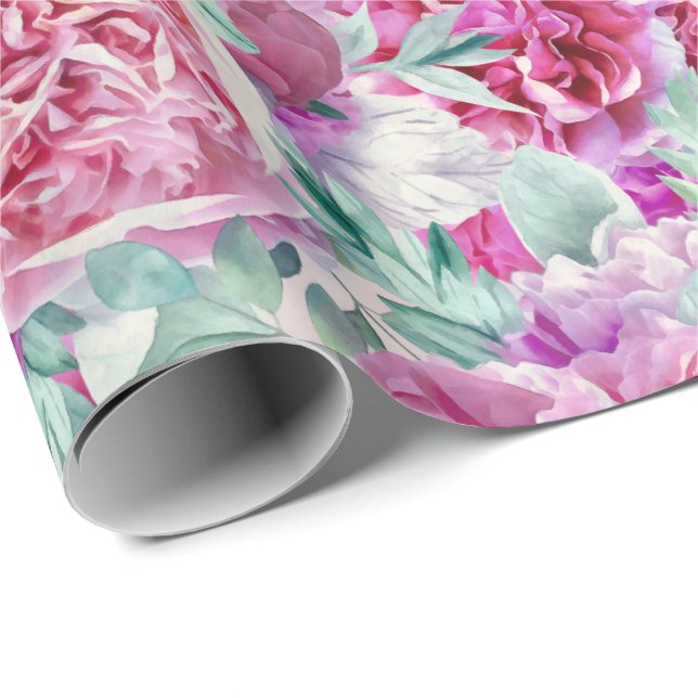 Papel De Presente Pêonias Rosa Extremas E Folhas De Teto Verde (Ponta do rolo)